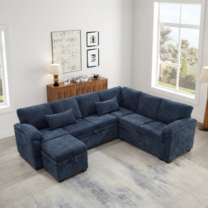 English Elm 97 Inch L-shaped Chenille Sectional Sofa with Sleeper Storage Ottoman 7 Seats Dark Blue W1669S00019