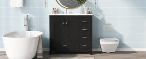 English Elm 36" Black Bathroom Vanity with Ceramic Sink, 2 Soft-Close Doors & 5 Drawers, Modern Storage Elegance N729P183735B