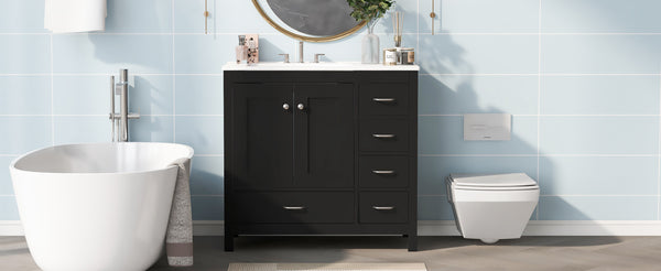 English Elm 36" Black Bathroom Vanity with Ceramic Sink, 2 Soft-Close Doors & 5 Drawers, Modern Storage Elegance N729P183735B