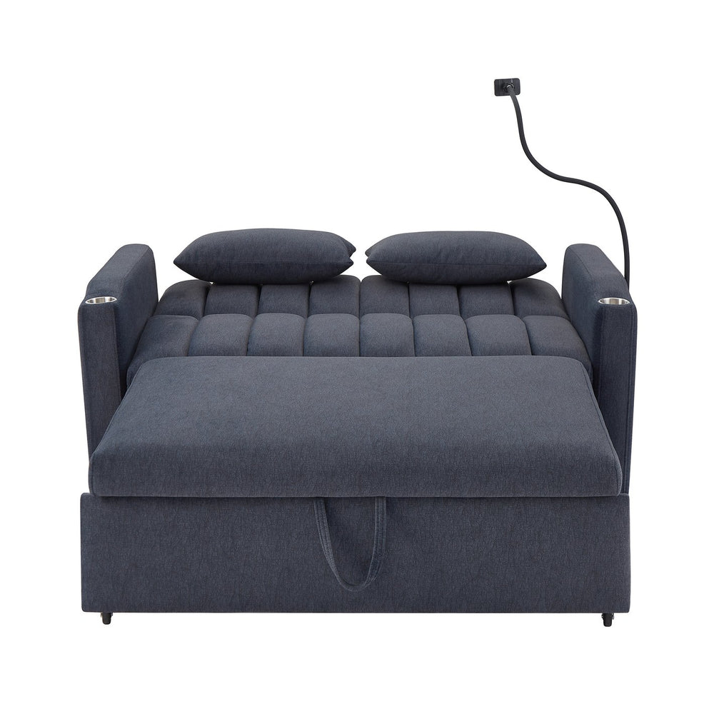 English Elm 55.9" Convertible Sofa Bed Loveseat with 3 USB Ports, Cup Holders, Side Pockets & 360° Phone Swivel Blue-gray WF322620AAC