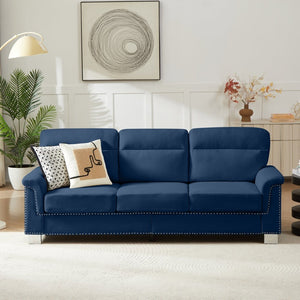 English Elm 82" Chesterfield Snowfleece Upholstered 3-seat Sofa Nailhead Trim Plush Living Room Blue W1359P386025