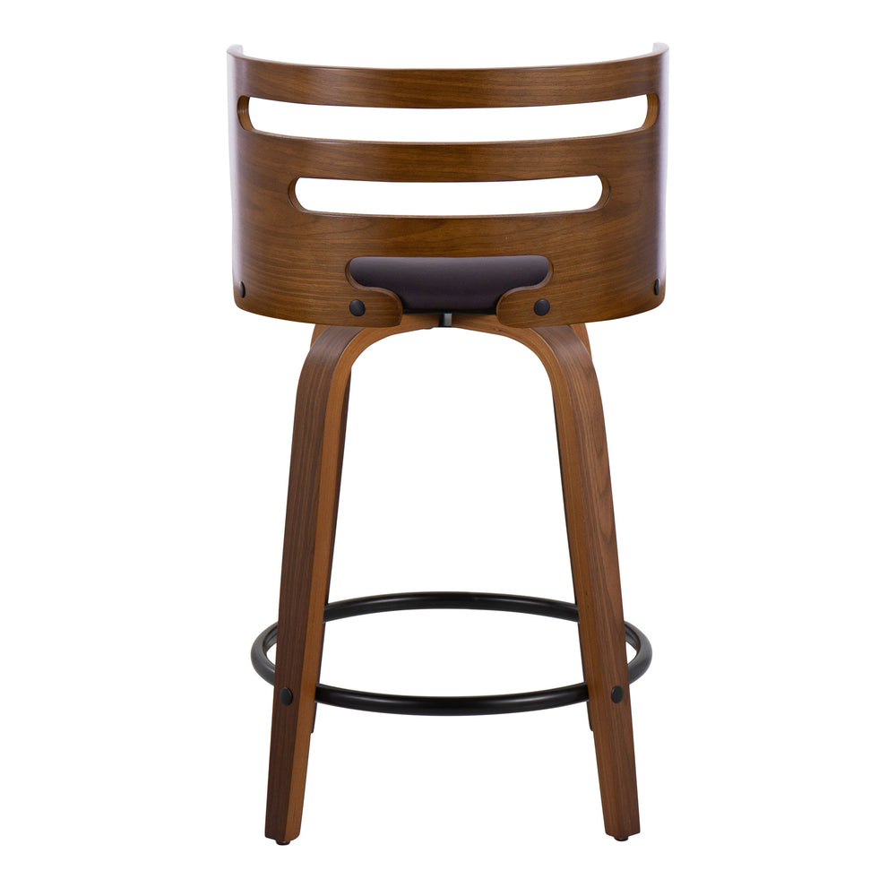 English Elm Cosini Mid-Century 24" Fixed Counter Stool Set of 2 — Walnut Bent Wood, Brown Faux Leather Swivel, Cozy Footrest B202S00024