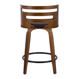 English Elm Cosini Mid-Century 24" Fixed Counter Stool Set of 2 — Walnut Bent Wood, Brown Faux Leather Swivel, Cozy Footrest B202S00024