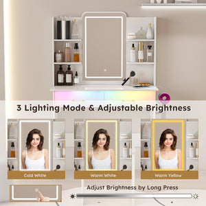 English Elm Vanity LED RGB Dressing Table with Power Outlets, Large Storage Drawers, 3 Light Modes & Stool W509P297013