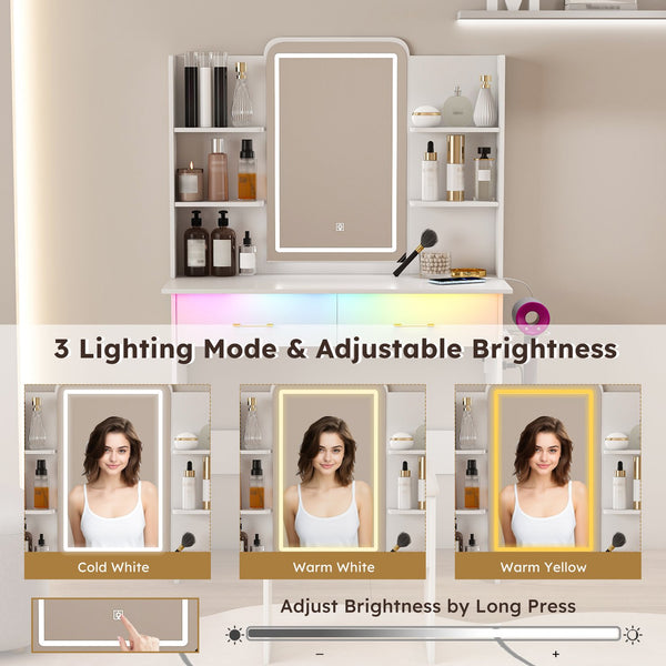 English Elm Vanity LED RGB Dressing Table with Power Outlets, Large Storage Drawers, 3 Light Modes & Stool W509P297013