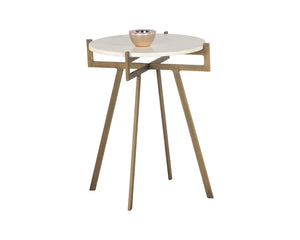 Sunpan Anak End Table – Rustic Elegance with Antique Brass Frame and Unique Natural Marble Top Design White