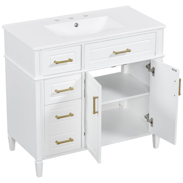 English Elm 36 Inch Freestanding Bathroom Vanity Sage Pine Cabinet Gold Hardware Ceramic Sink White N725P366466K