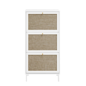 English Elm Rattan 3 Door Shoe Rack with Metal Base and Anti-Slip Feet, Double Shelf Storage for Entryway White W688P211259
