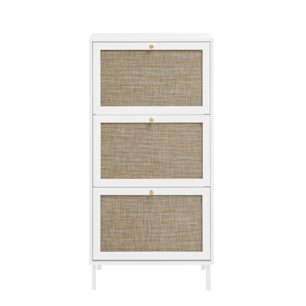English Elm Rattan 3 Door Shoe Rack with Metal Base and Anti-Slip Feet, Double Shelf Storage for Entryway White W688P211259