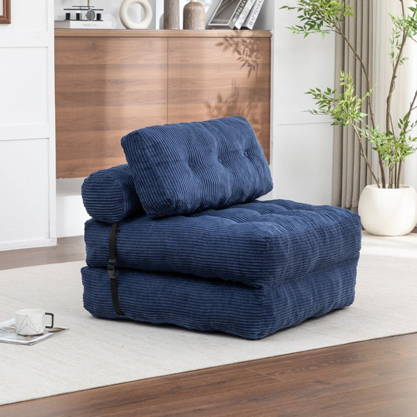 English Elm Folding Floor Sofa Bed Convertible Sleeper Chair with Shredded Foam Corded Fabric Dark Blue W2200P442795