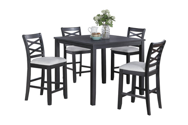 English Elm 5-Piece Counter Height Dining Set Charcoal Finish with Upholstered X-Back Chairs, Square Table B089P389532