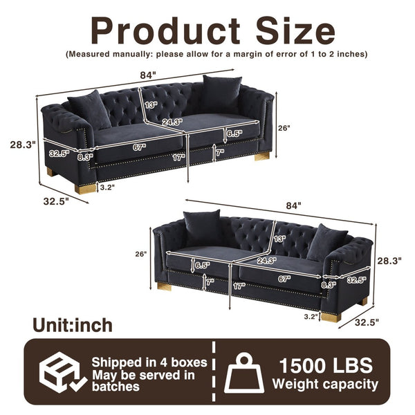 English Elm 3-seater Modular Chesterfield Velvet Sofa Tufted Gold Stud Detail for Elegant Living Rooms Black+Blue W1926S00100