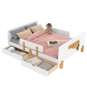 English Elm Twin Low Profile Kids Floor Bed Pine Wood Frame with Safety Rail and Built in Bookshelf Light White W1580P373244