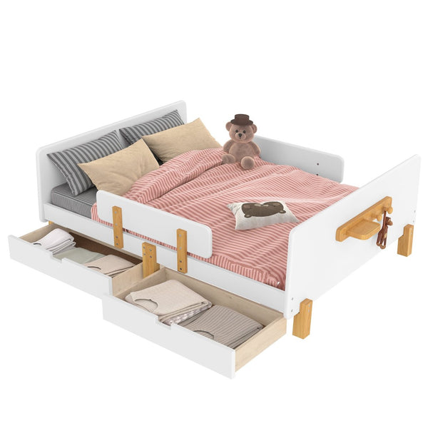 English Elm Twin Low Profile Kids Floor Bed Pine Wood Frame with Safety Rail and Built in Bookshelf Light White W1580P373244