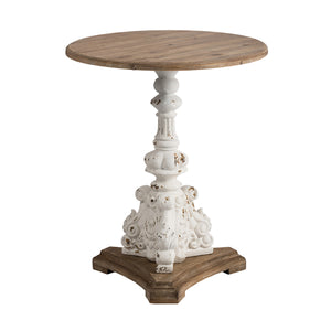 English Elm D26x31" Antique White Round Side Table with Carved Floral Pedestal, Fir Wood Vintage Elegance W2078P410106