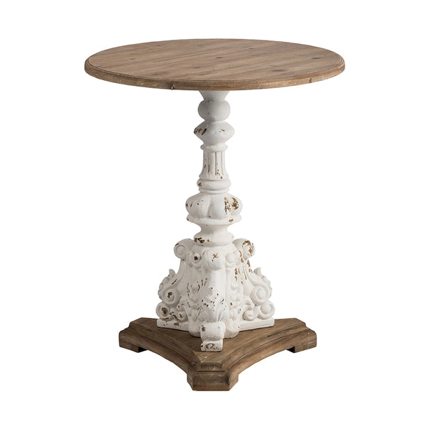 English Elm D26x31" Antique White Round Side Table with Carved Floral Pedestal, Fir Wood Vintage Elegance W2078P410106
