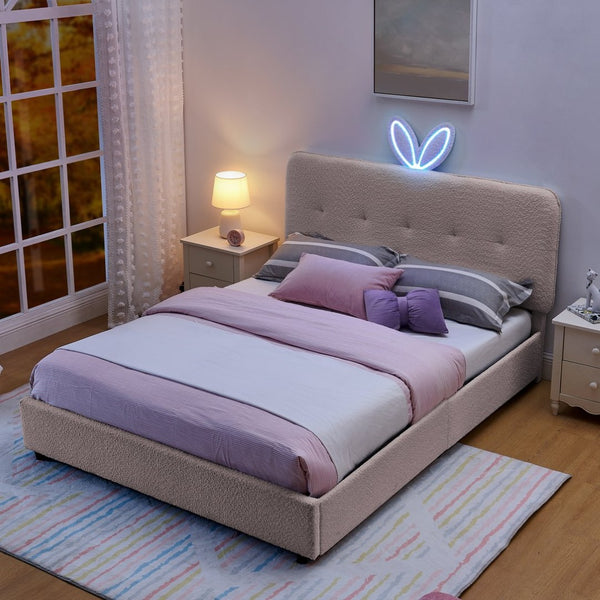 English Elm Queen Boucle Upholstered Kids Bed with Rabbit Ear Headboard Led Lighting Storage Drawers Pink W1413P384926