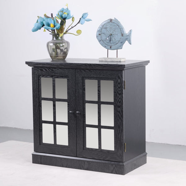 English Elm Storage Sideboard with Mirrored Acrylic Doors and Wood Grain Mdf Finish for Compact Rooms Black W2899P372748