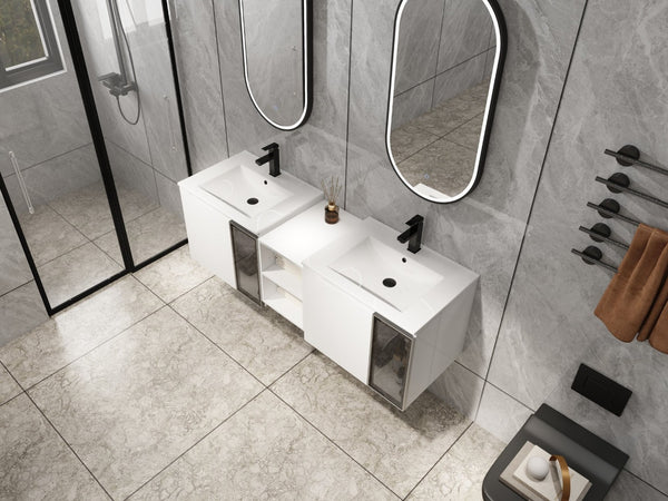 English Elm 60" Floating Double Sink Bathroom Vanity Glossy White Plywood with Frosted Glass Doors W999S00532