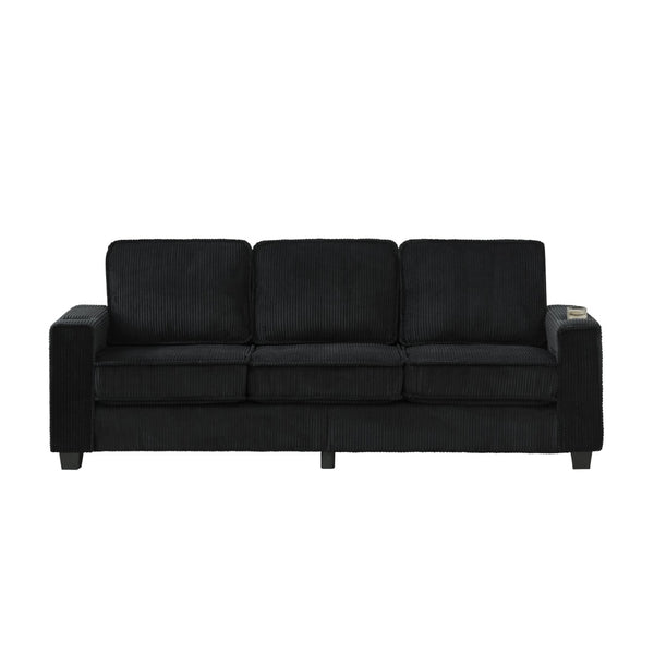 English Elm 84.25-inch Corduroy Three Seater Sofa with Cup Holders Modern Minimalist Living Room Couch Black W288P399981