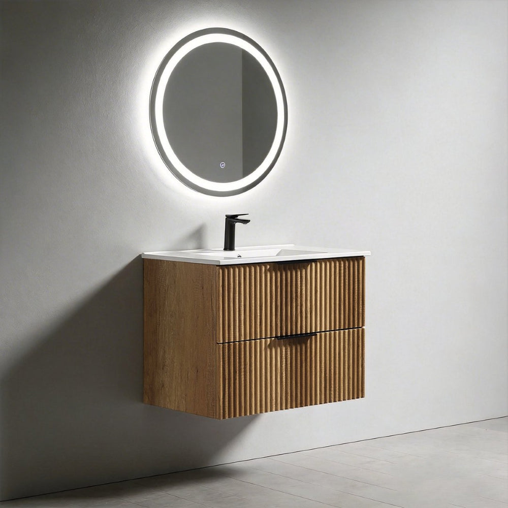 English Elm 30 Inch Floating Bathroom Vanity Fluted Wood Grain Front with Ceramic Integrated Sink W3520S00044