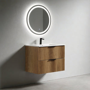 English Elm 30 Inch Floating Bathroom Vanity Fluted Wood Grain Front with Ceramic Integrated Sink W3520S00044