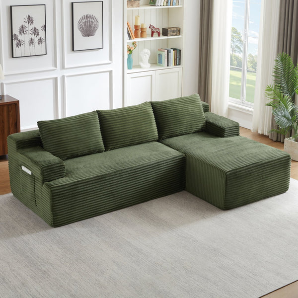 English Elm L-Shaped Cloud Sectional Sofa - Cozy Modular Sleeper, No Assembly, Durable Green Corduroy Design W2339P409432