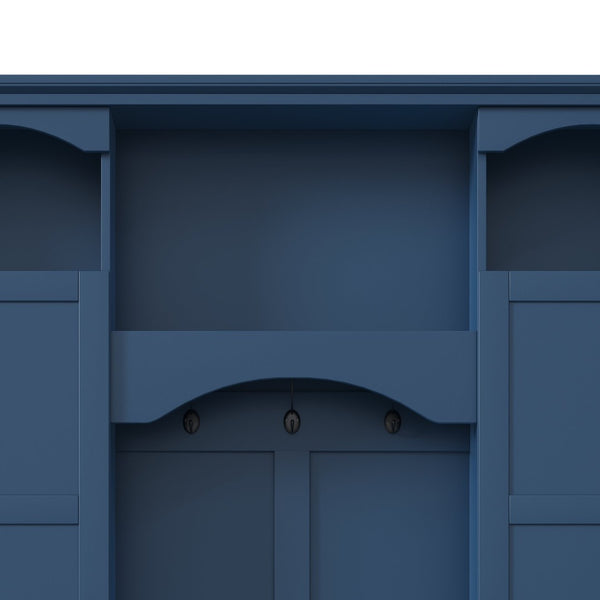 English Elm On-trend Farmhouse Hall Tree with Dual Cabinets Seven Hooks and Arched Entryway Storage Blue N721S000078C