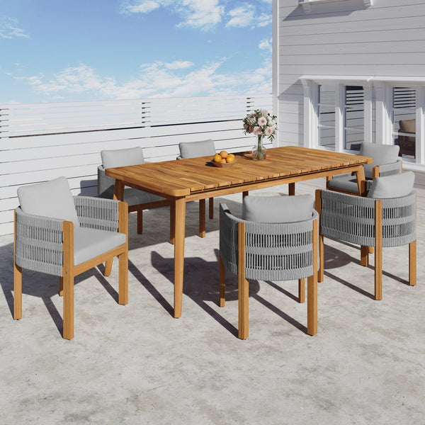 English Elm Christopher Knight Home® - Outdoor Dining Set with Acacia Wood Frame, 6 Chairs & Slatted 72" Table, Waterproof Washable Cushions Grey,Teak N779P266069N_N779P279983G-3
