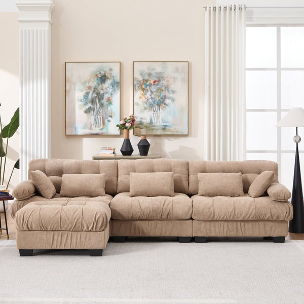 English Elm Modular Cloud Sectional Sofa Flannelette Deep Seat L Shape with Movable Ottoman Light Brown W2120S00034