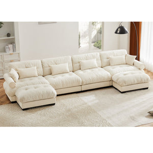 English Elm U Shaped Cloud Couch Velvet Sectional 4-Seater with Movable Ottomans, Deep Comfort, Cream Cozy Lounge W714S01076