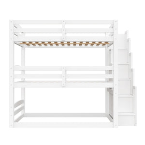 English Elm Full Size Triple Bunk Bed Solid Pine Frame with Storage Staircase Separate Convertible Design White N7090000477K