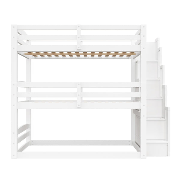 English Elm Full Size Triple Bunk Bed Solid Pine Frame with Storage Staircase Separate Convertible Design White N7090000477K