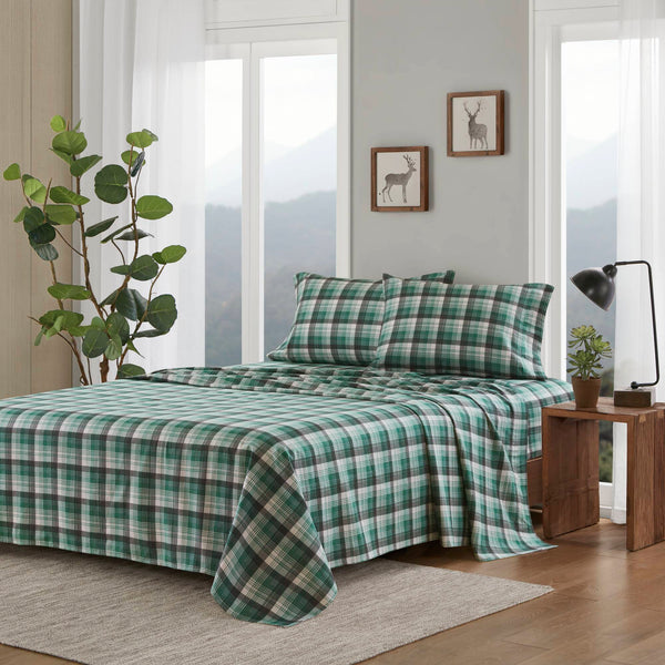 English Elm 4 Pcs Cal King Flannel Sheet Set - Cozy Green Plaid Bedding For Warmth & Timeless Style B035P319785