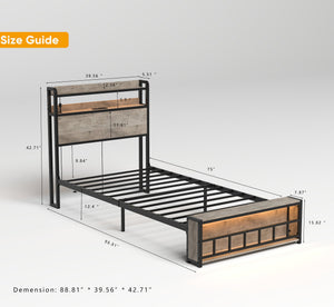 English Elm Twin Bed Frames with Storage Headboard, Built-In USB/Type-C Charging, LED Light, Space-Saving Design Black+ Gray W2129P314786