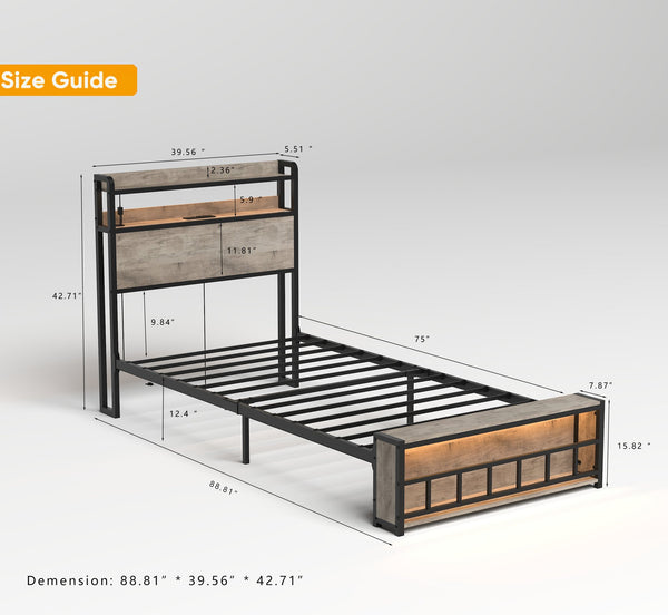 English Elm Twin Bed Frames with Storage Headboard, Built-In USB/Type-C Charging, LED Light, Space-Saving Design Black+ Gray W2129P314786