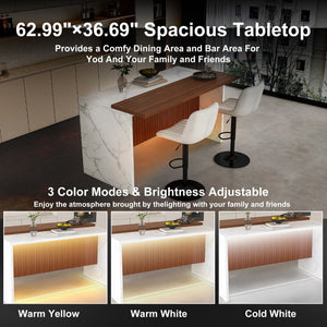 English Elm 63" Modern Kitchen Island Set With 2 Beige Bar Stools, White Marble Look, Led Lighting & Grill Design W2699S00074
