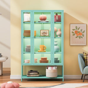 English Elm 67.25'' Tall Steel Curio Cabinet with Led Lighting and Tempered Glass Panels Cyan SN845P263995T