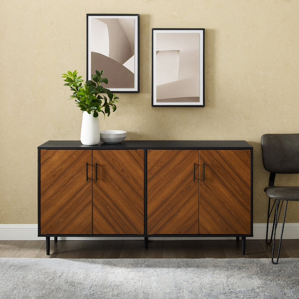 English Elm Walker Edison - Mid-Century Bookmatch Door Buffet with Metal Legs, Two-Tone Retro Design, TV Console & Storage Display Walnut 63 L x 19 W x 7 H B185P169344