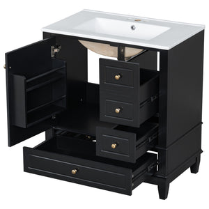 English Elm Christopher Knight Home® - 30" Freestanding Bathroom Vanity with Ceramic Sink, Soft-Close Door, Gold Knobs & 3 Drawers, Durable Painted Finish Black N759P225994B