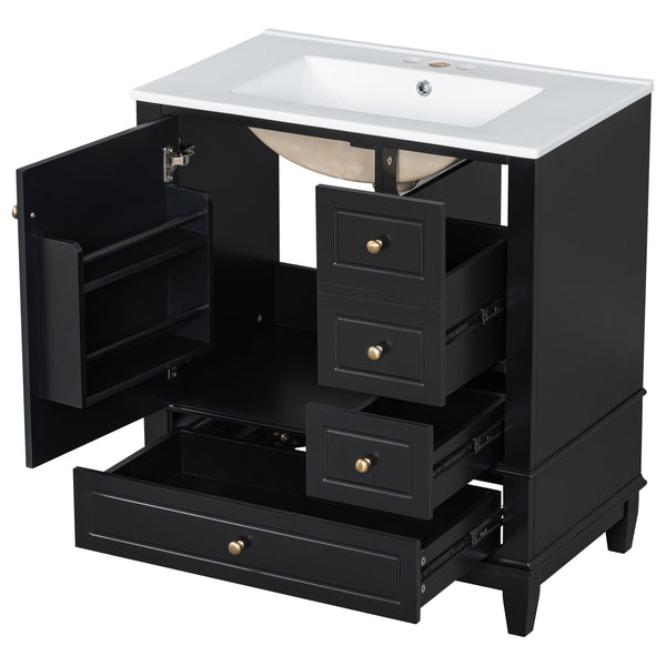 English Elm Christopher Knight Home® - 30" Freestanding Bathroom Vanity with Ceramic Sink, Soft-Close Door, Gold Knobs & 3 Drawers, Durable Painted Finish Black N759P225994B