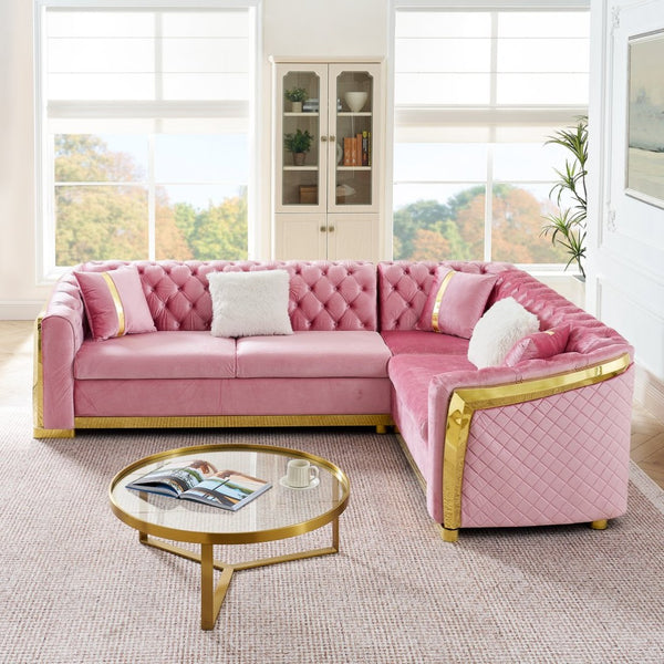 English Elm 106 Inch Velvet Tufted Chesterfield Sectional with Gold Steel Legs for Large Living Rooms Pink W1191S00129