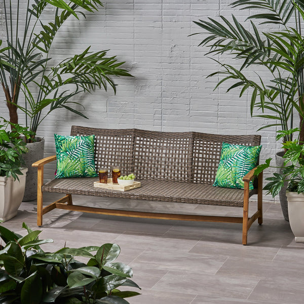 English Elm Christopher Knight Home® - Outdoor Acacia Wood Wicker 3 Seater Sofa with Iron Accents, Weather-Resistant Patio Conversation Set Natural 60395.00WTCMCA