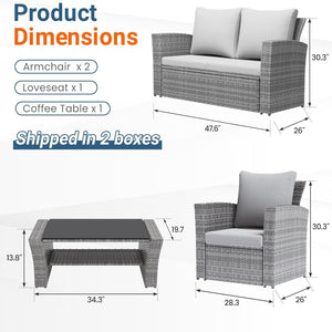 English Elm 4-piece Outdoor Wicker Conversation Set with Tempered Glass Table and Resort Style Grey+Brown B082S00059