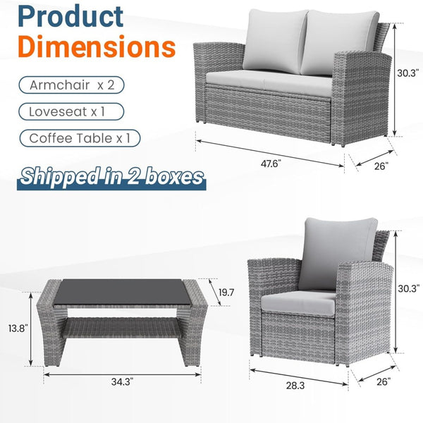 English Elm 4-piece Outdoor Wicker Conversation Set with Tempered Glass Table and Resort Style Grey+Brown B082S00059