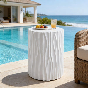 English Elm Modern Fluted Mgo Round Accent Table Sculptural Outdoor Patio Balcony Side Stand N770P396701W
