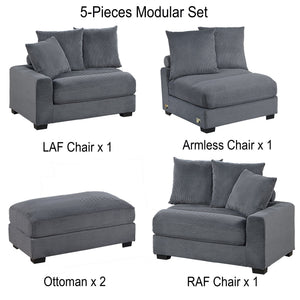 English Elm Contemporary Dark Gray 5pc Modular Sectional Sofa Corduroy with Square Arms, 6 Back Pillows & Ottomans B011S01913