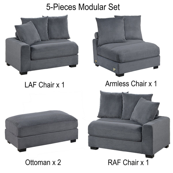 English Elm Contemporary Dark Gray 5pc Modular Sectional Sofa Corduroy with Square Arms, 6 Back Pillows & Ottomans B011S01913
