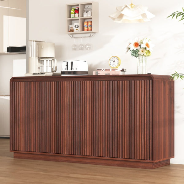 English Elm Black Fluted Wave Door Media Console with Built-in Power Outlet and Adjustable Shelving Walnut W409P452058