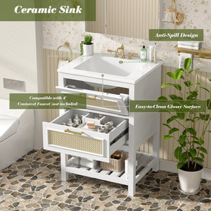 English Elm 24" Rattan Front Bathroom Vanity with Ceramic Sink Deep Drawer Storage Mdf Cabinet White N710P293990K